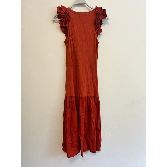 Nation LTD Everleigh Frilly Dress Midi Cayenne Orange Ruffle Sleeve Tiered XS - Picture 2 of 6
